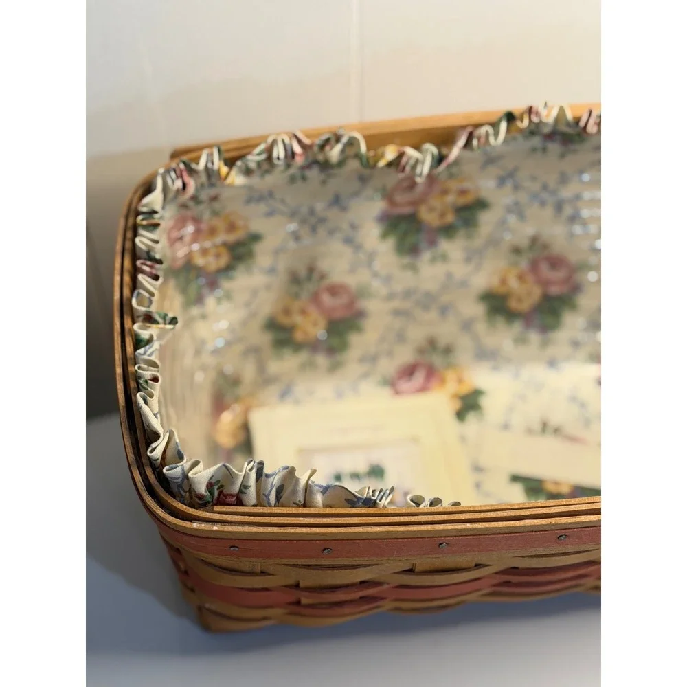 VTG Longaberger Vanity Basket Tan Pink Floral 1996 Mothers Day Liner Tray